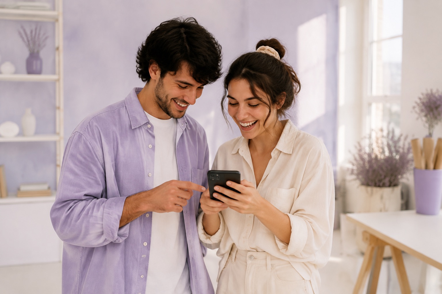 Two content creators sharing a happy moment while looking at a phone